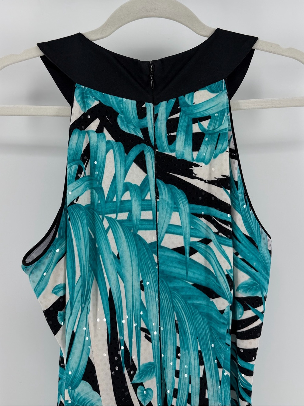 Cache Teal Black White Tropical Print Clear Sequin Sleeveless Dress, Women's 8 - Picture 6 of 9
